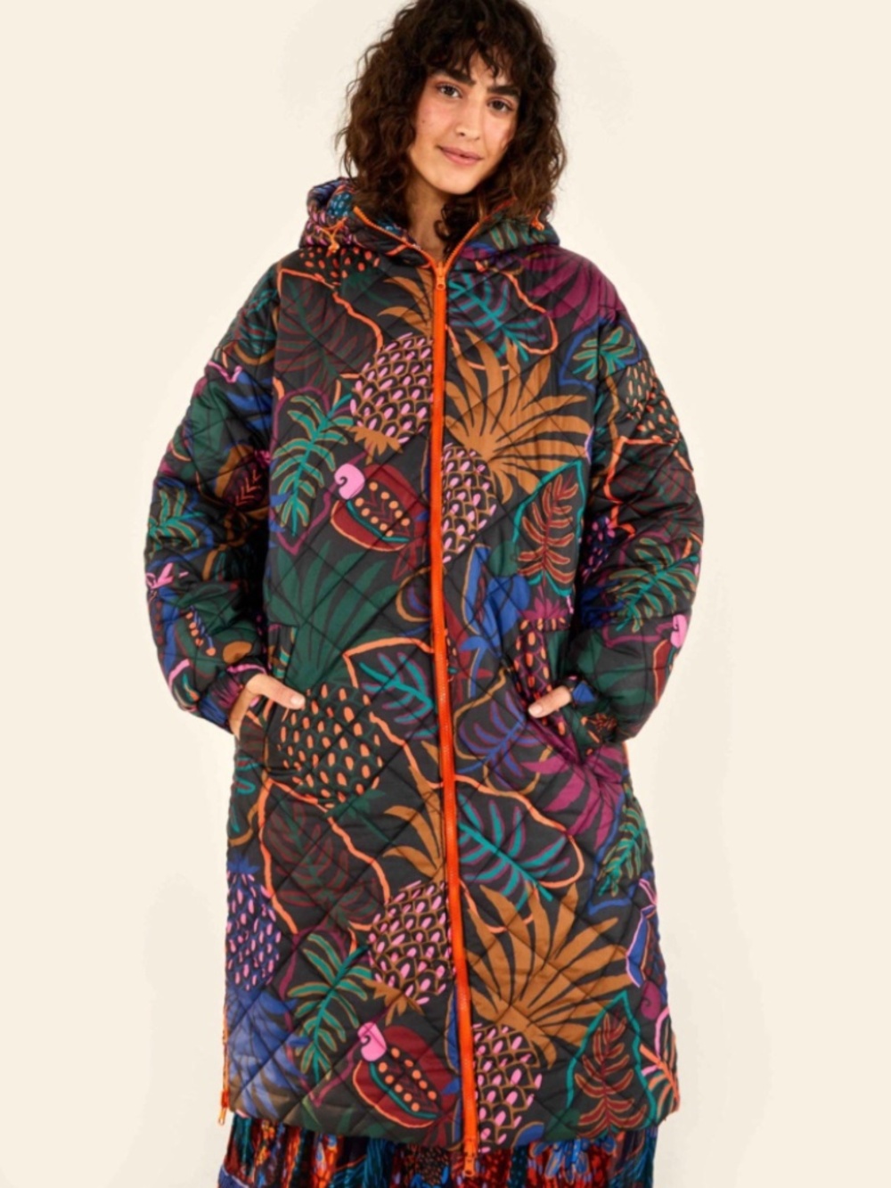 Farm Rio Blue Cool Leopard Long Hooded Reversible Puffer Jacket XS